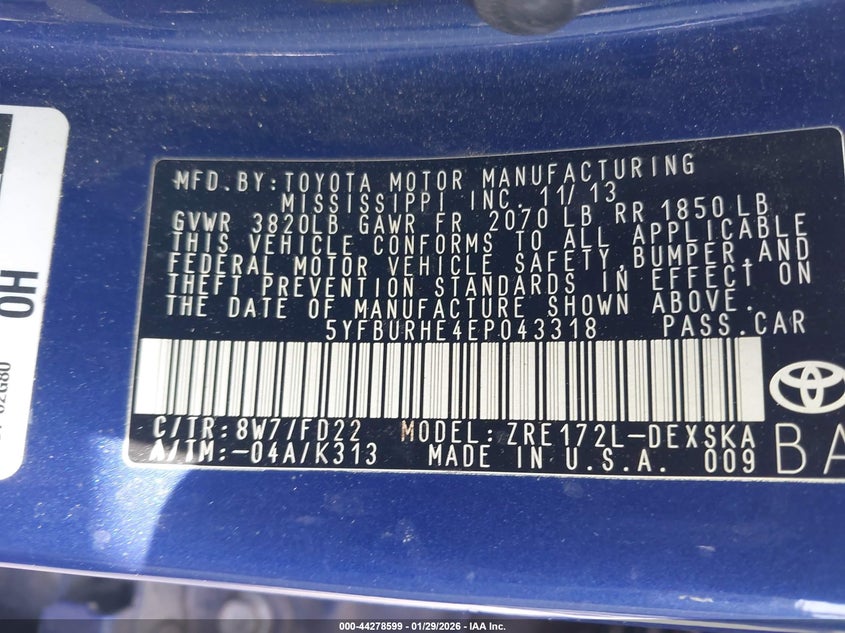 2014 Toyota Corolla VIN 5YFBURHE4EP043318 IAAI salvage auction — RIGHT REAR, Salvage Title, sold $2,700 on 2026-07-07 (photo 9)
