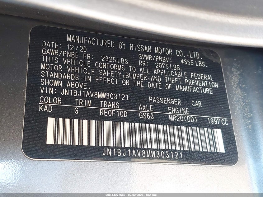 2021 Nissan Rogue VIN JN1BJ1AV8MW303121 IAAI salvage auction — RIGHT FRONT, Salvage - Greater Than 75% (Maryland), sold $925 on 2026-07-24 (photo 9)