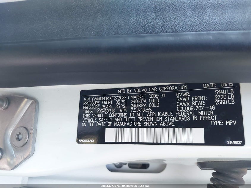 2015 Volvo Xc60 VIN YV440MDKXF2720873 IAAI salvage auction — LEFT FRONT, Original (Texas), sold $3,050 on 2026-07-08 (photo 9)