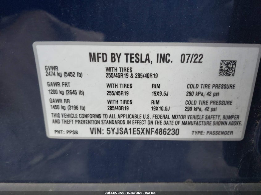 2022 Tesla Model s VIN 5YJSA1E5XNF486230 IAAI salvage auction — FRONT END, Salvage (Maryland), sold $5,200 on 2026-07-30 (photo 9)