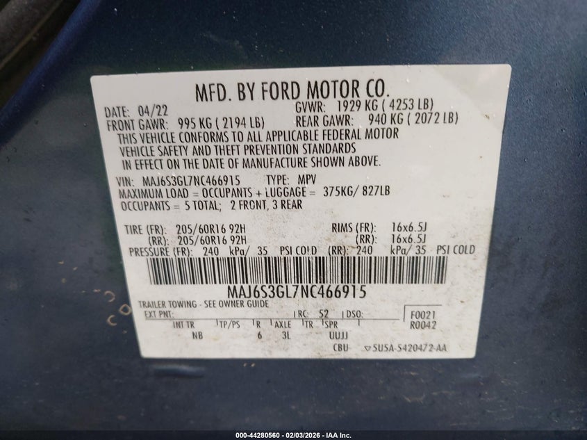 2022 Ford Ecosport VIN MAJ6S3GL7NC466915 IAAI salvage auction — RIGHT FRONT, Salvage Title, sold $2,550 on 2026-07-15 (photo 9)
