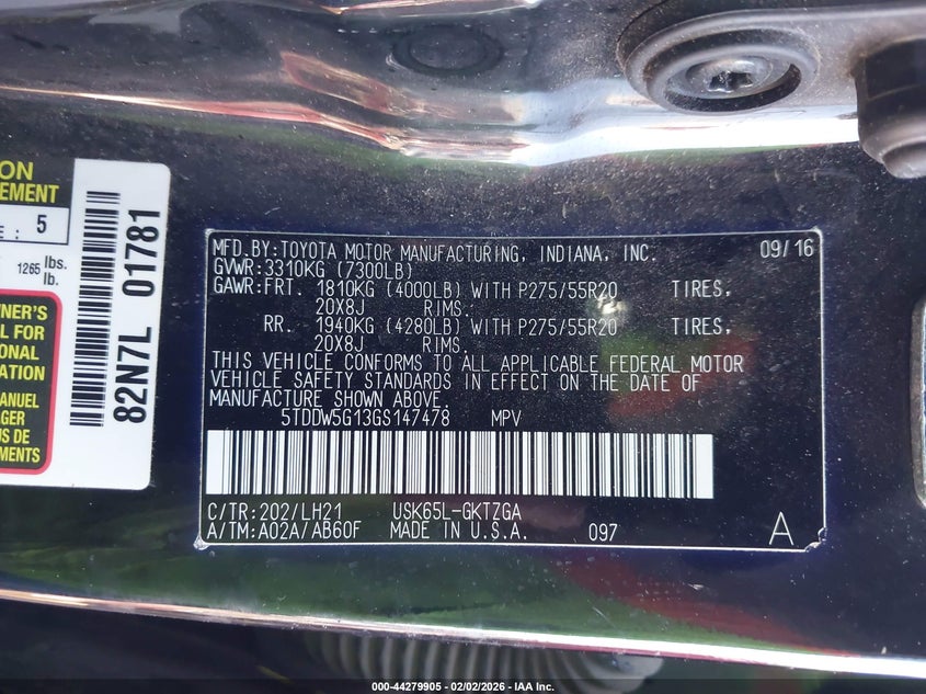 2016 Toyota Sequoia VIN 5TDDW5G13GS147478 IAAI salvage auction — FRONT END, Clear (Oklahoma), sold $8,025 on 2026-07-22 (photo 9)