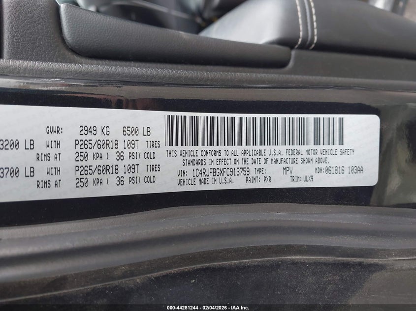 2015 Jeep Grand Cherokee VIN 1C4RJFBGXFC913759 IAAI salvage auction — Front End, Certificate Of Title (Nebraska), sold $1,500 on 2026-02-26 (photo 9)