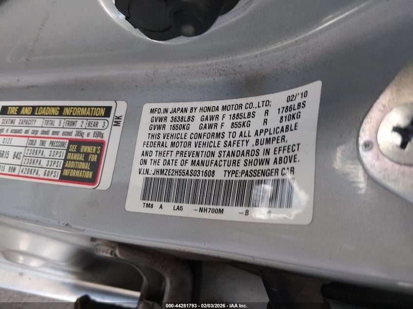 2010 Honda Insight VIN JHMZE2H55AS031608 IAAI salvage auction — FRONT END, Salvage (California), sold $25 on 2026-07-23 (photo 9)