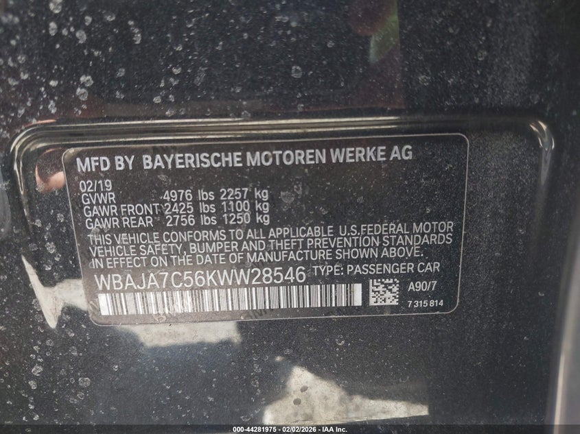 2019 BMW 5er VIN WBAJA7C56KWW28546 IAAI salvage auction — FRONT END, Salvage - Greater Than 75% (Maryland), sold $9,600 on 2026-07-21 (photo 9)