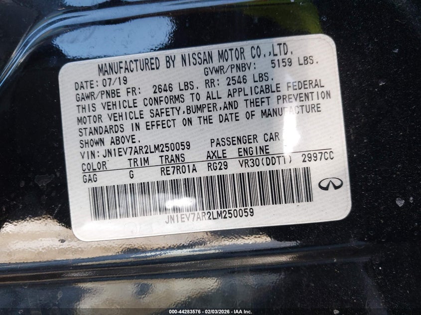 2020 Infiniti Q50 VIN JN1EV7AR2LM250059 IAAI salvage auction — LEFT FRONT, Salvage Title, sold $1,650 on 2026-07-21 (photo 9)