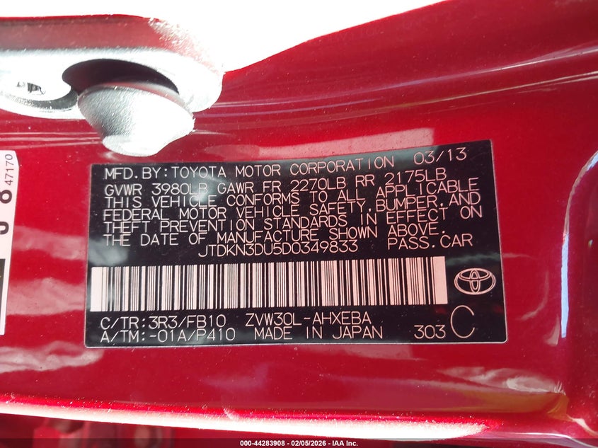 2013 Toyota Prius VIN JTDKN3DU5D0349833 IAAI salvage auction — FRONT END, Salvage (Illinois), sold $2,150 on 2026-07-21 (photo 9)
