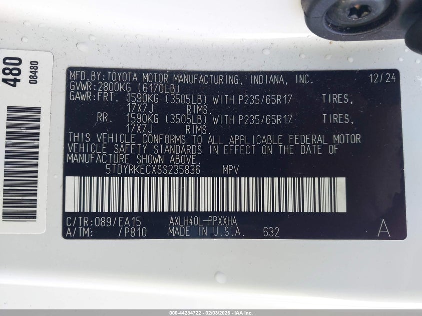 2025 Toyota Sienna VIN 5TDYRKECXSS235836 IAAI salvage auction — FRONT END, Salvage (Hawaii), sold $12,975 on 2026-07-28 (photo 9)