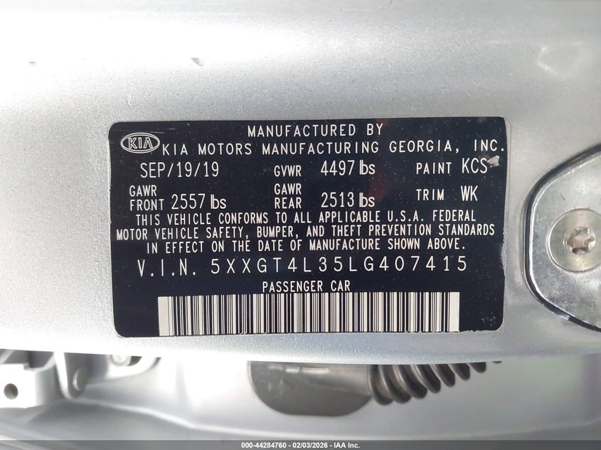 2020 Kia Optima VIN 5XXGT4L35LG407415 IAAI salvage auction — LEFT REAR, Salvage (California), sold $2,700 on 2026-07-15 (photo 9)