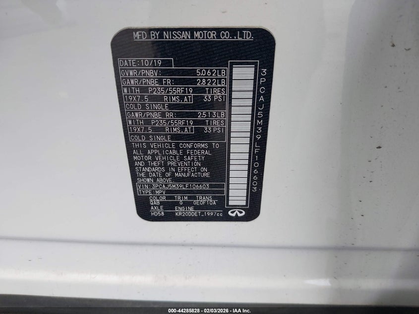 2020 Infiniti Qx50 VIN 3PCAJ5M39LF106603 IAAI salvage auction — FRONT END, Original (Texas), sold $5,800 on 2026-07-30 (photo 9)