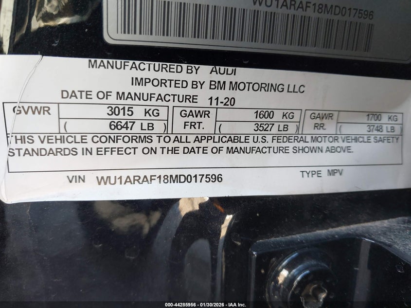 2021 Audi Rs q8 VIN WU1ARAF18MD017596 IAAI salvage auction — FRONT END, Clear (Oklahoma), sold $42,175 on 2026-07-06 (photo 9)
