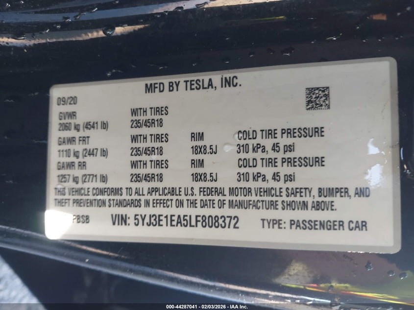 2020 Tesla Model 3 VIN 5YJ3E1EA5LF808372 IAAI salvage auction — FRONT END, Salvage Title, sold $2,650 on 2026-07-21 (photo 9)