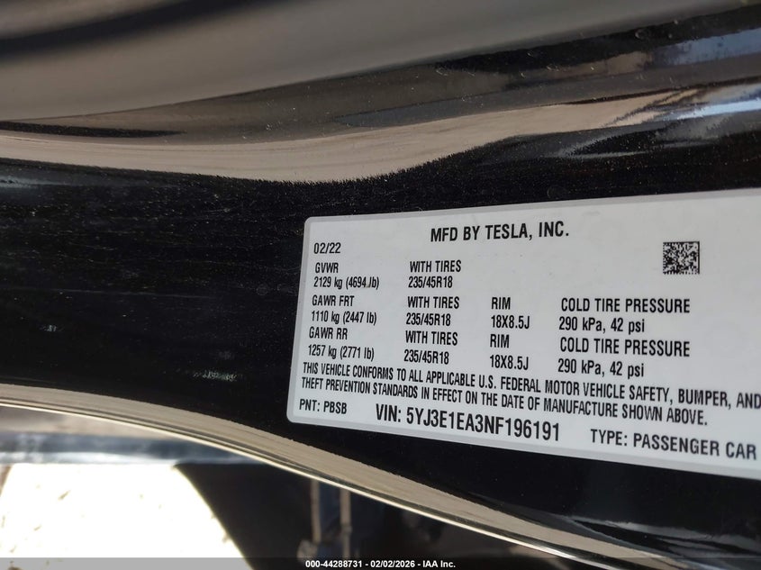 2022 Tesla Model 3 VIN 5YJ3E1EA3NF196191 IAAI salvage auction — FRONT END, Salvage Title, sold $50 on 2026-07-21 (photo 9)