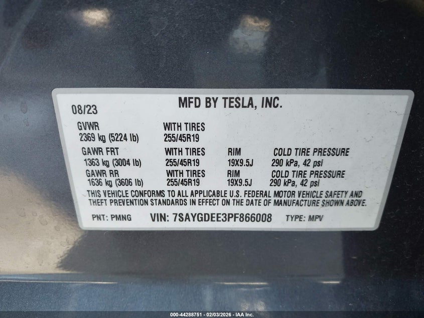 2023 Tesla Model y VIN 7SAYGDEE3PF866008 IAAI salvage auction — LEFT FRONT, Salvage (California), sold $11,300 on 2026-07-22 (photo 9)