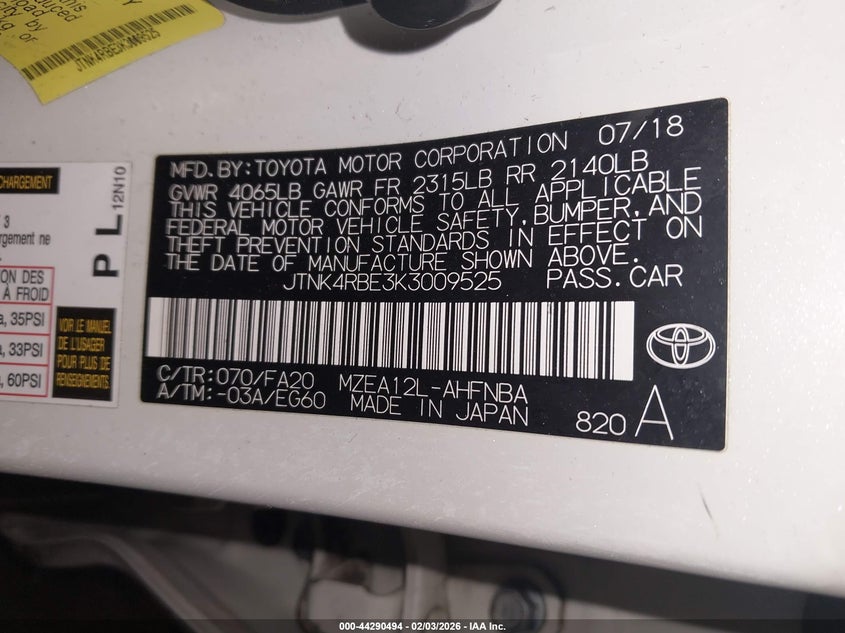 2019 Toyota Corolla VIN JTNK4RBE3K3009525 IAAI salvage auction — SIDE, Salvage (Pennsylvania), sold $3,425 on 2026-07-30 (photo 9)