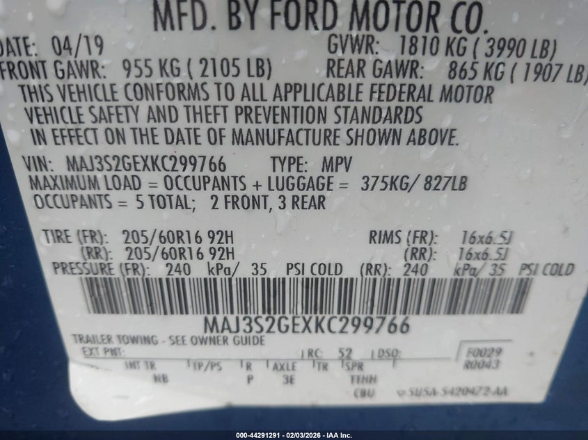 2019 Ford Ecosport VIN MAJ3S2GEXKC299766 IAAI salvage auction — RIGHT REAR, Salvage Title, sold $2,150 on 2026-07-29 (photo 9)