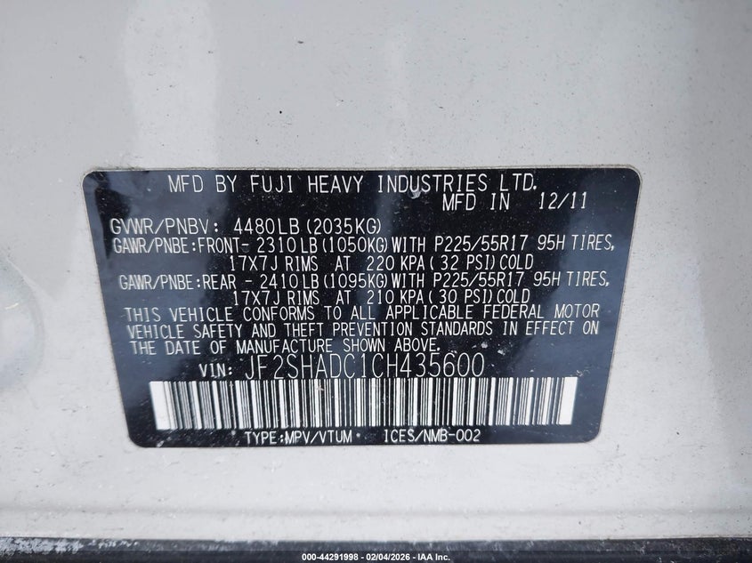 2012 Subaru Forester VIN JF2SHADC1CH435600 IAAI salvage auction — REAR END, Clear (Massachusetts), sold $1,450 on 2026-07-17 (photo 9)