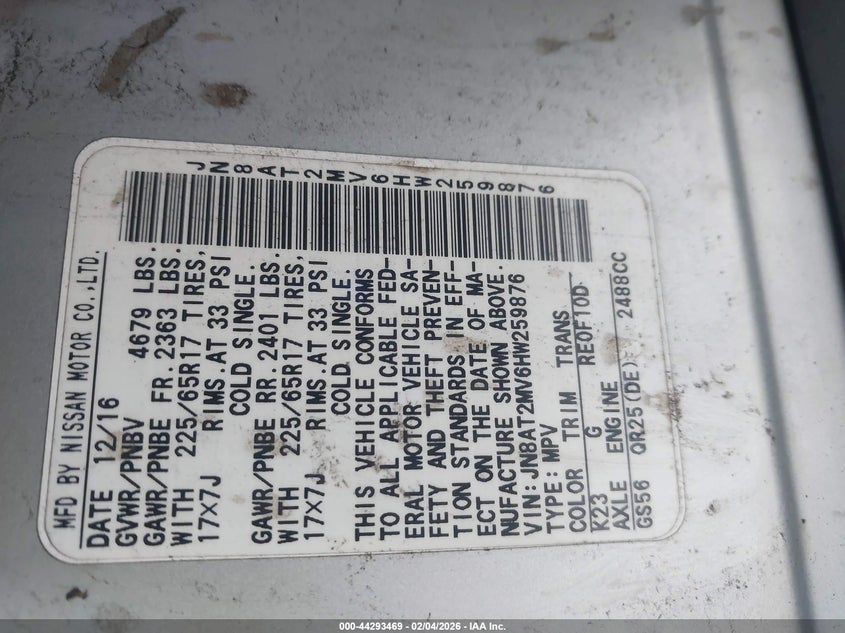 2017 Nissan Rogue VIN JN8AT2MV6HW259876 IAAI salvage auction — FRONT END, Salvage Title, sold $1,600 on 2026-07-25 (photo 9)