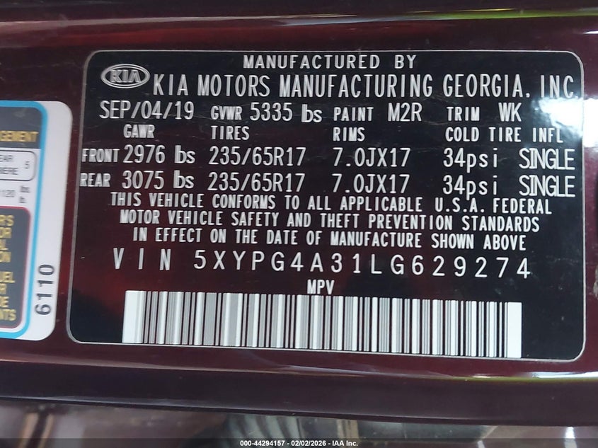 2020 Kia Sorento VIN 5XYPG4A31LG629274 IAAI salvage auction — RIGHT SIDE, Salvage (California), sold $925 on 2026-07-29 (photo 9)
