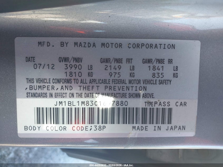 2012 Mazda 3 VIN JM1BL1M83C1697880 IAAI salvage auction — REAR END, Salvage (Massachusetts), sold $425 on 2026-07-24 (photo 9)