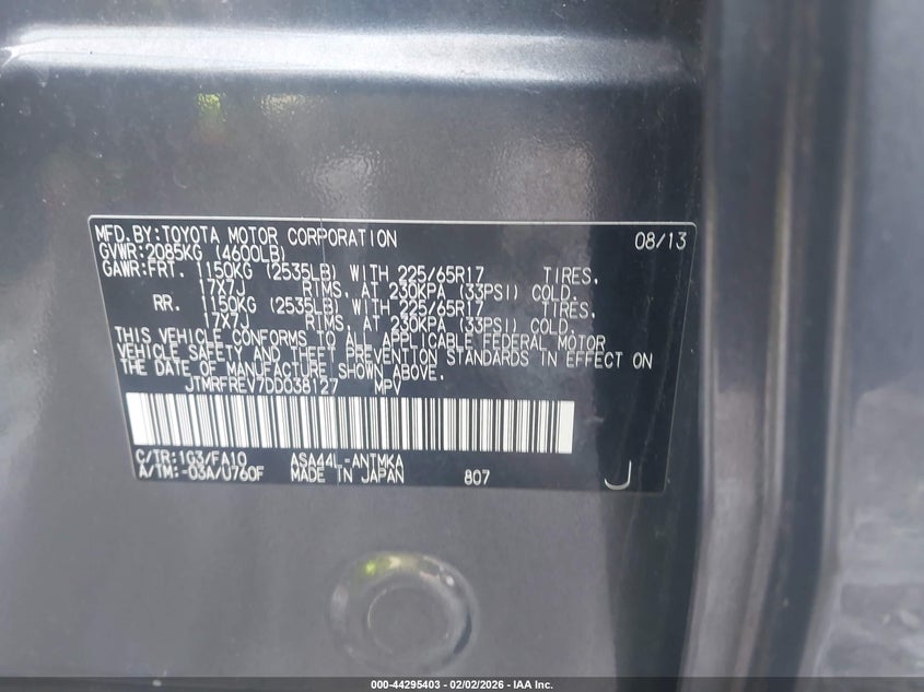 2013 Toyota Rav 4 VIN JTMRFREV7DD038127 IAAI salvage auction — ELECTRICAL, Salvage Title, sold $2,950 on 2026-07-07 (photo 9)