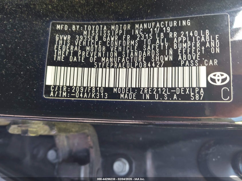 2020 Toyota Corolla VIN 5YFEPRAE0LP084427 IAAI salvage auction — RIGHT FRONT, Salvage (New Jersey), sold $3,550 on 2026-07-20 (photo 9)