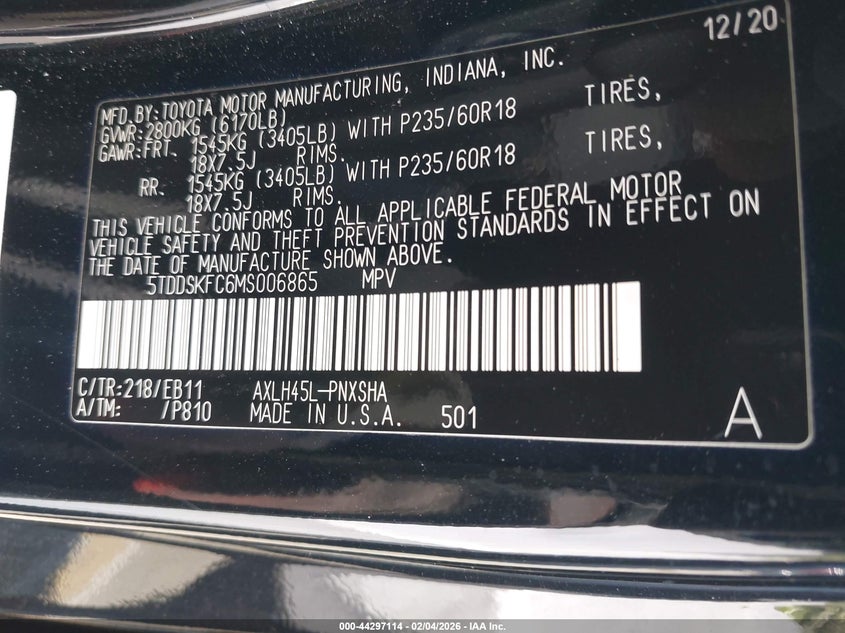 2021 Toyota Sienna VIN 5TDDSKFC6MS006865 IAAI salvage auction — FRONT & REAR, Salvage Title, sold $12,150 on 2026-07-20 (photo 9)