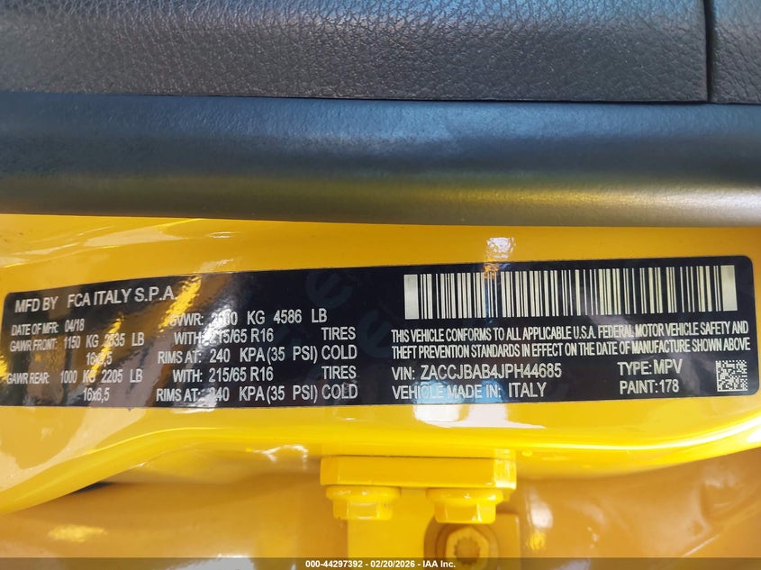2018 Jeep Renegade VIN ZACCJBAB4JPH44685 IAAI salvage auction — FRONT END, Salvage (Ohio), sold $1,250 on 2026-08-06 (photo 9)