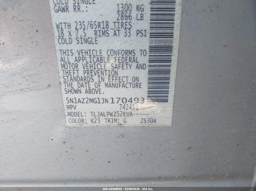 2018 Nissan Murano VIN 5N1AZ2MG1JN170493 IAAI salvage auction — FRONT END, Salvage Title, sold $950 on 2026-07-25 (photo 9)