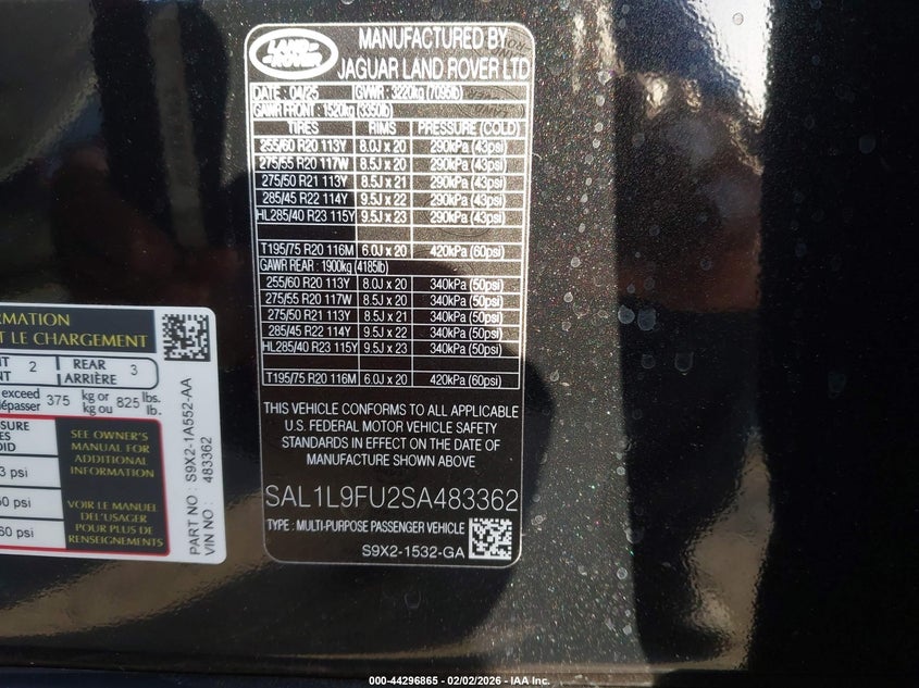 2025 Land rover Range rover sport VIN SAL1L9FU2SA483362 IAAI salvage auction — FRONT END, Salvage (California), sold $43,600 on 2026-07-13 (photo 9)
