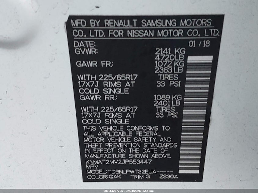 2018 Nissan Rogue VIN KNMAT2MV2JP553447 IAAI salvage auction — EXTERIOR BURN, Salvage Title, sold $3,150 on 2026-07-13 (photo 9)