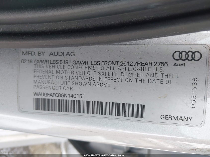 2016 Audi A6 VIN WAUGFAFC8GN140151 IAAI salvage auction — LEFT FRONT, Salvage (North Carolina), sold $3,150 on 2026-07-06 (photo 9)