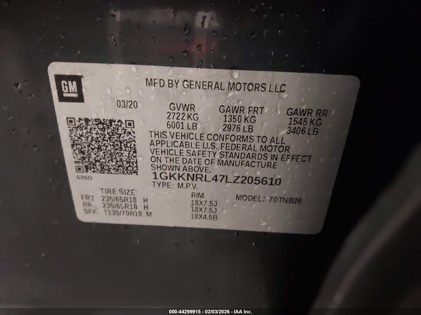 2020 Gmc Acadia VIN 1GKKNRL47LZ205610 IAAI salvage auction — FRONT END, Salvage Title, sold $3,000 on 2026-08-01 (photo 9)