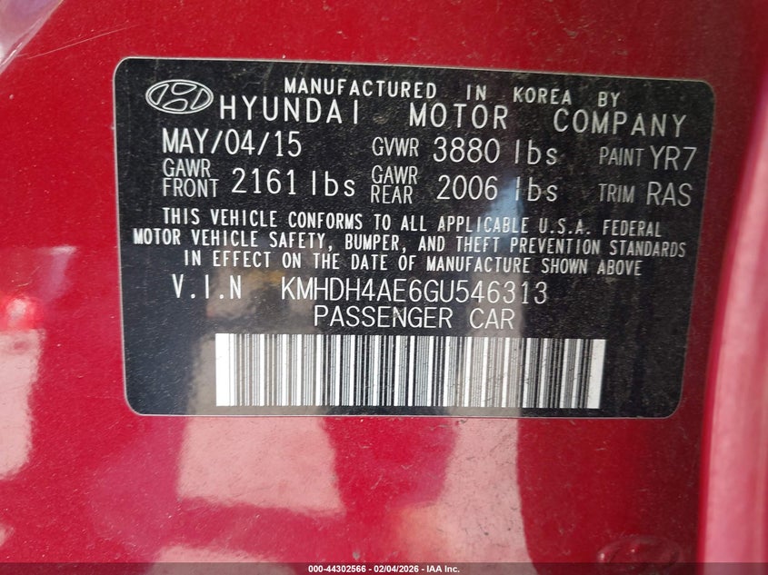 2016 Hyundai Elantra VIN KMHDH4AE6GU546313 IAAI salvage auction — REAR END, Salvage Title, sold $1,600 on 2026-07-15 (photo 9)