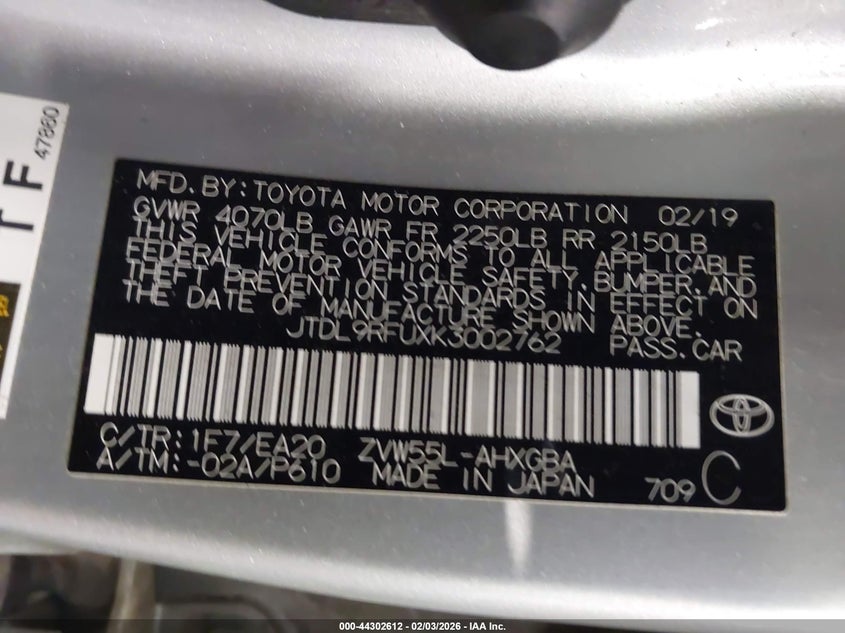 2019 Toyota Prius VIN JTDL9RFUXK3002762 IAAI salvage auction — FRONT & REAR, Salvage (Minnesota), sold $4,350 on 2026-07-08 (photo 9)