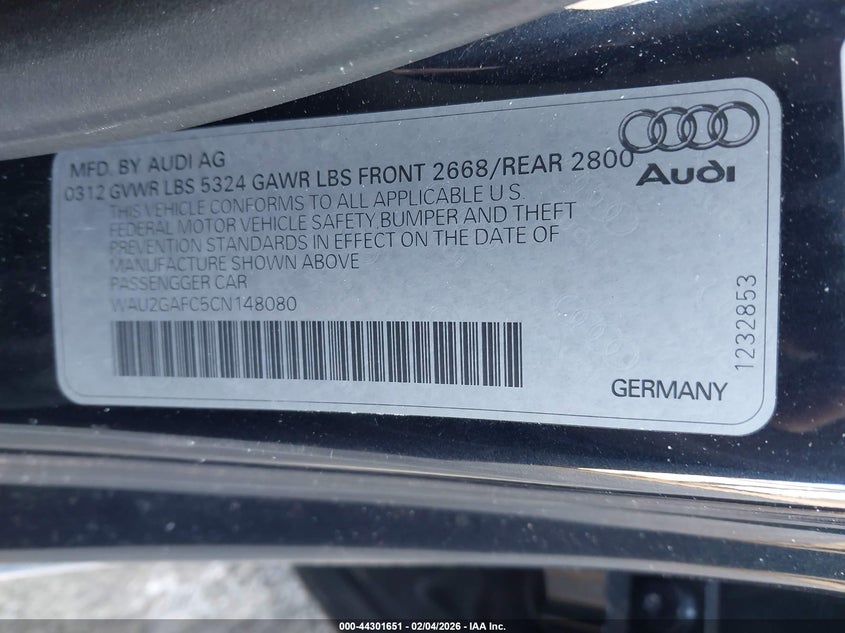 2012 Audi A7 VIN WAU2GAFC5CN148080 IAAI salvage auction — RIGHT FRONT, Salvage (New Jersey), sold $1,400 on 2026-07-13 (photo 9)