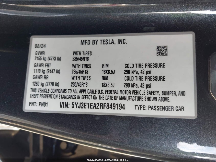 2024 Tesla Model 3 VIN 5YJ3E1EA2RF849194 IAAI salvage auction — SIDE, Salvage (New Jersey), sold $1,050 on 2026-07-28 (photo 9)