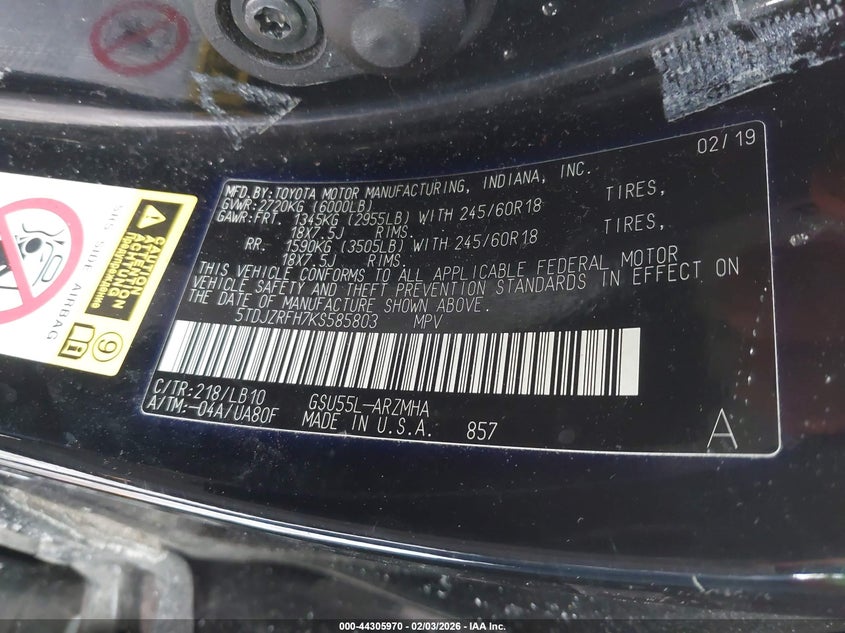 2019 Toyota Highlander VIN 5TDJZRFH7KS585803 IAAI salvage auction — FRONT END, Salvage Title, sold $25 on 2026-07-21 (photo 9)