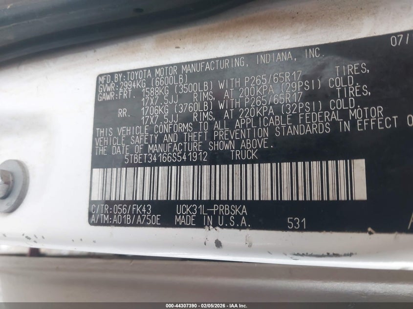 2006 Toyota Tundra VIN 5TBET34166S541912 IAAI salvage auction — FRONT END, Salvage (Idaho), sold $875 on 2026-07-20 (photo 9)