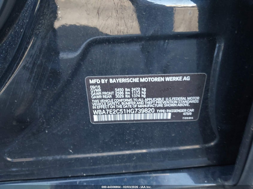 2017 BMW 7er VIN WBA7E2C51HG739820 IAAI salvage auction — FRONT END, Salvage Certificate (California), sold $4,000 on 2026-08-21 (photo 9)