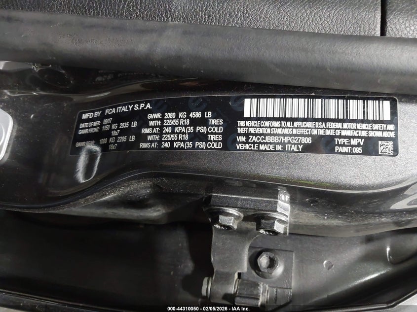 2017 Jeep Renegade VIN ZACCJBBB7HPG27806 IAAI salvage auction — LEFT FRONT, Salvage Title, sold $1,200 on 2026-08-08 (photo 9)