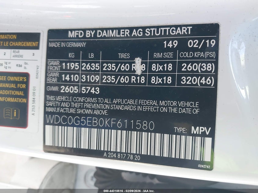 2019 Mercedes-benz Glc VIN WDC0G5EB0KF611580 IAAI salvage auction — FRONT END, Salvage Title, sold $11,800 on 2026-08-11 (photo 9)