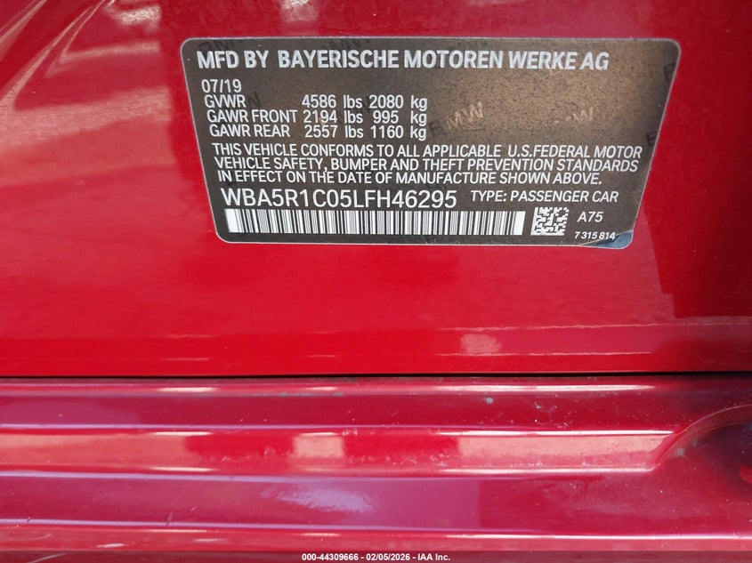 2020 BMW 3er VIN WBA5R1C05LFH46295 IAAI salvage auction — FRONT END, Salvage Title, sold $9,800 on 2026-08-15 (photo 9)