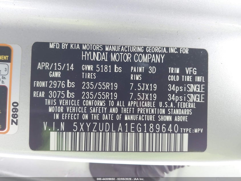 2014 Hyundai Santa fe VIN 5XYZUDLA1EG189640 IAAI salvage auction — FRONT END, Clear (Indiana), sold $3,600 on 2026-07-14 (photo 9)