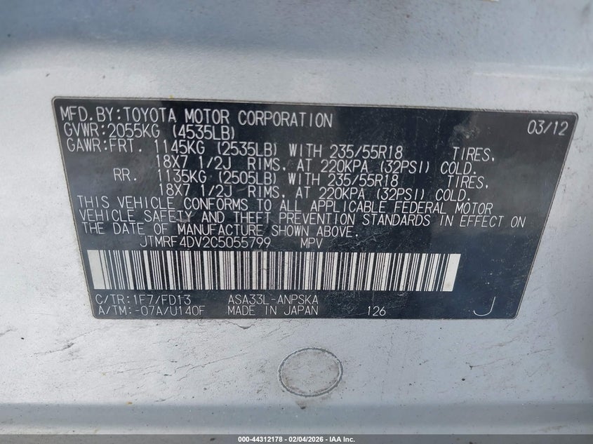 2012 Toyota Rav 4 VIN JTMRF4DV2C5055799 IAAI salvage auction — ENGINE DAMAGE, Salvage (Ohio), sold $1,900 on 2026-07-29 (photo 9)