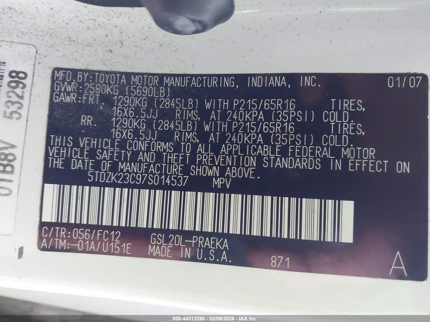 2007 Toyota Sienna VIN 5TDZK23C97S014537 IAAI salvage auction — FRONT & REAR, Salvage (North Carolina), sold $500 on 2026-07-13 (photo 9)