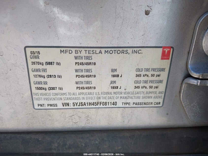 2015 Tesla Model s VIN 5YJSA1H45FF081140 IAAI salvage auction — NORMAL WEAR, Salvage Title, sold $3,150 on 2026-07-14 (photo 9)