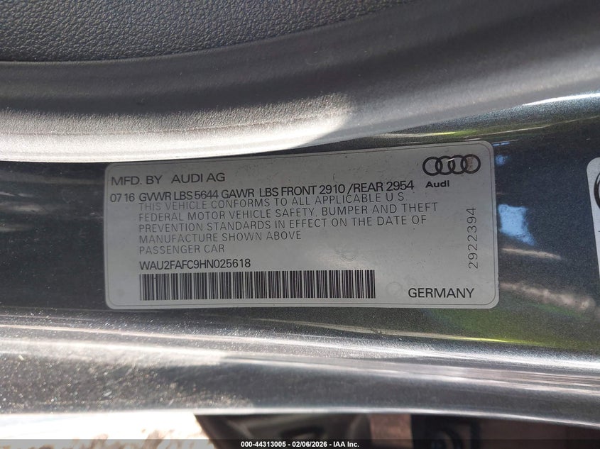 2017 Audi S7 VIN WAU2FAFC9HN025618 IAAI salvage auction — FRONT END, Salvage (South Carolina), sold $2,100 on 2026-07-06 (photo 9)