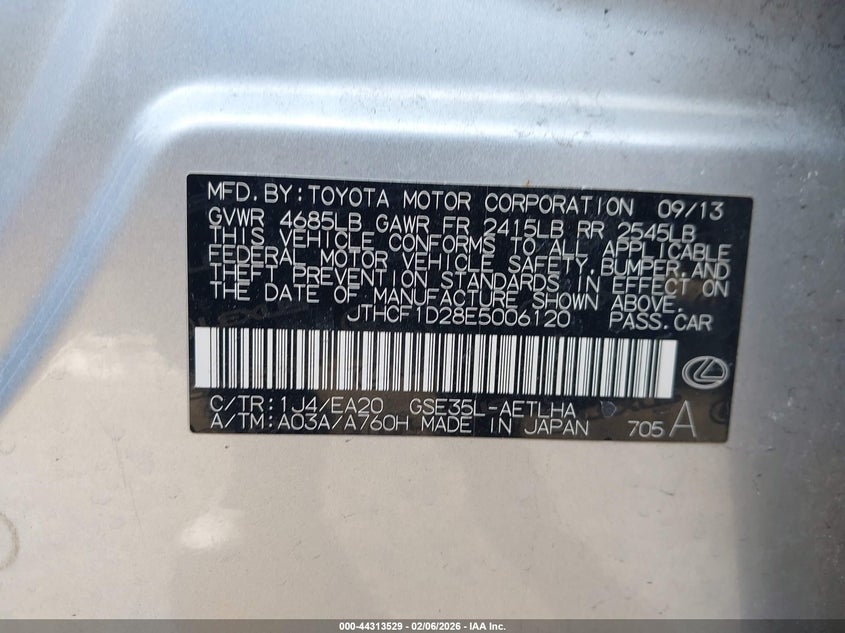 2014 Lexus Is VIN JTHCF1D28E5006120 IAAI salvage auction — LEFT & RIGHT, Salvage - Greater Than 75% (Maryland), sold $5,000 on 2026-07-15 (photo 9)