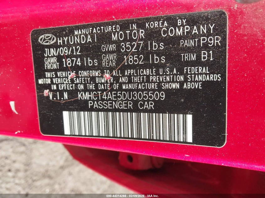 2013  Accent VIN KMHCT4AE5DU305509 IAAI salvage auction — LEFT REAR, Salvage Title, sold $475 on 2026-07-15 (photo 9)